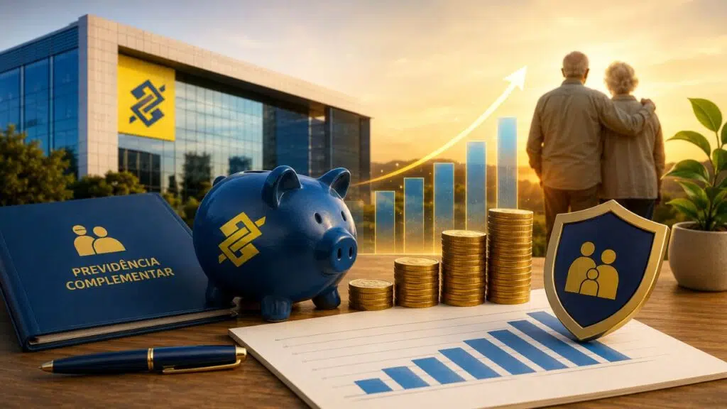 Ilustração sobre a PREVI do Banco do Brasil e a previdência complementar dos funcionários.