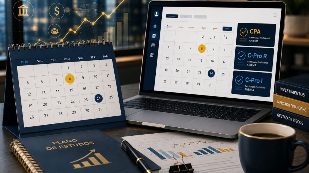Calendário de provas ANBIMA para certificações CPA, C-Pro R e C-Pro I.