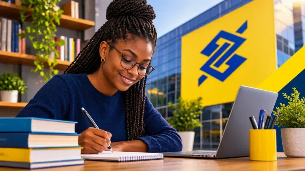 Ilustração de estudante se preparando para o concurso Banco do Brasil com livros e computador.